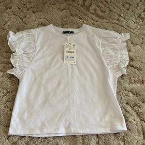 Zara NWT White cotton t-shirt with ruffle sleeves size small.